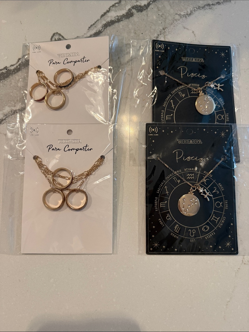 Gold Tone Ring & Zodiac Pendant Necklace Set - Gold